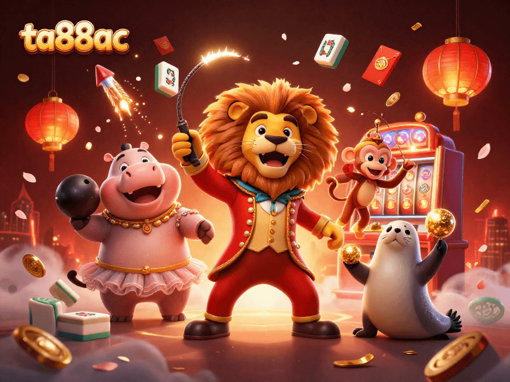 Engage with ta88ac through this vibrant casino scene featuring a lion, hippo, monkey, and seal.
