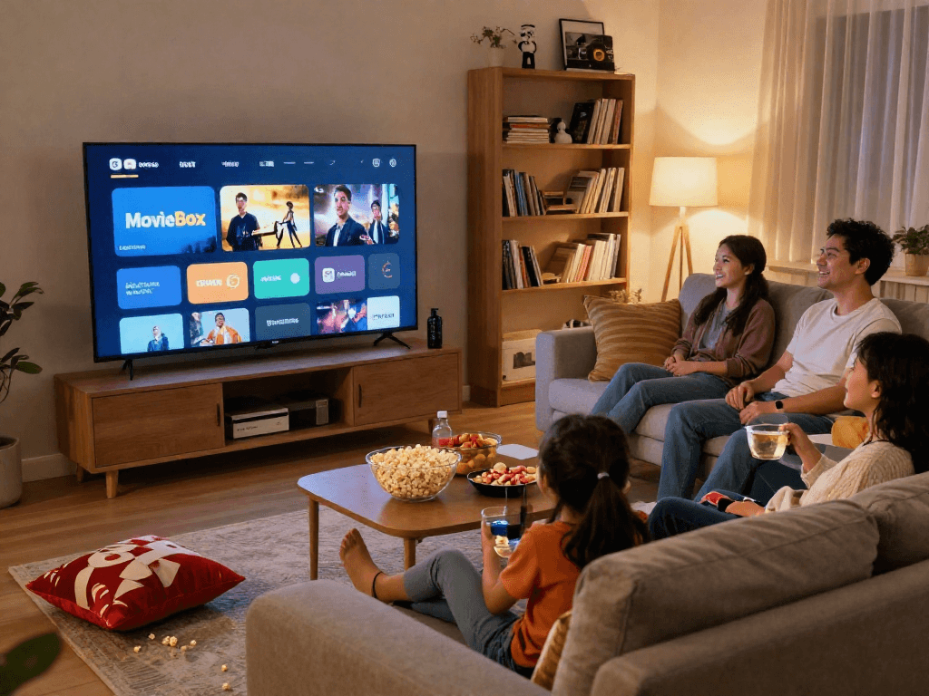 Family enjoying movie night with Moviebox app on smart TV, cozy living room setting.
