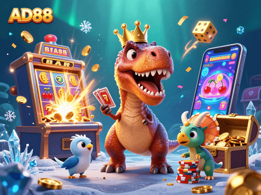 Engage with AD88 - colorful characters playing cards and stacking chips in a lively casino setting.