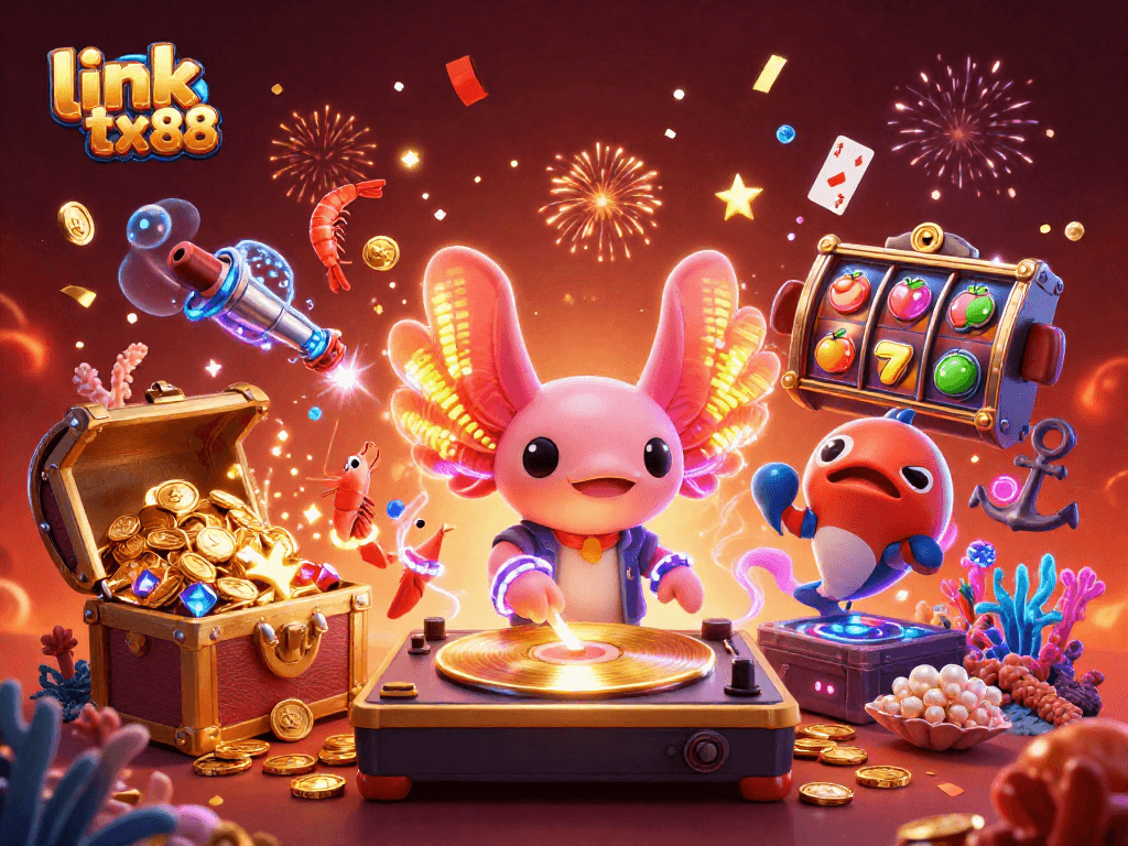 Join the fun with link tx88 as the vibrant axolotl DJ spins underwater slots with a lively shrimp crew!
