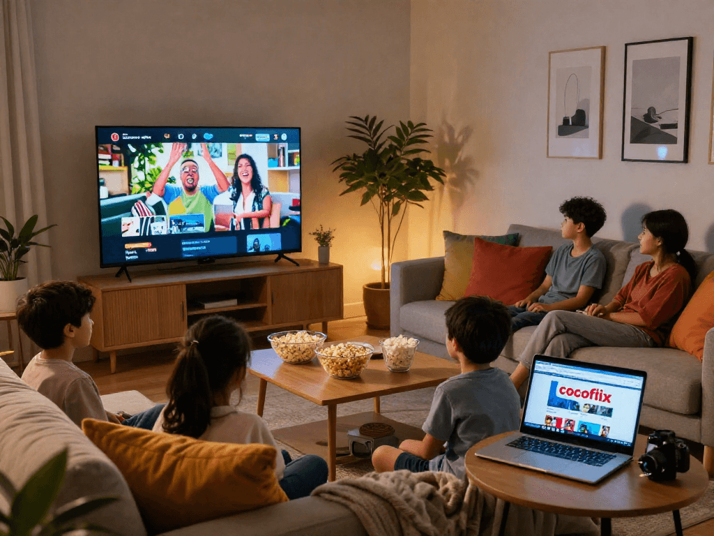 Family enjoying a movie night with cocoflix streaming in a cozy living room.