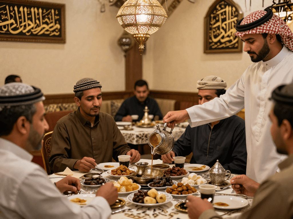 قهوجي وصبابين يقدمون القهوة العربية في أجواء تقليدية ودافئة