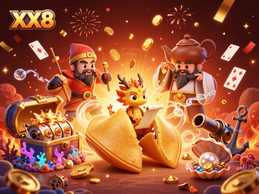 Experience the excitement of XX8 Casino with a magical scene depicting fortune cookies and golden treasures.