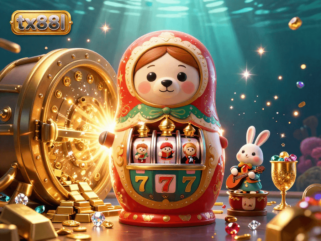 Experience the enchanting online casino world with tx88l featuring vibrant bears and treasure amidst a dynamic backdrop.