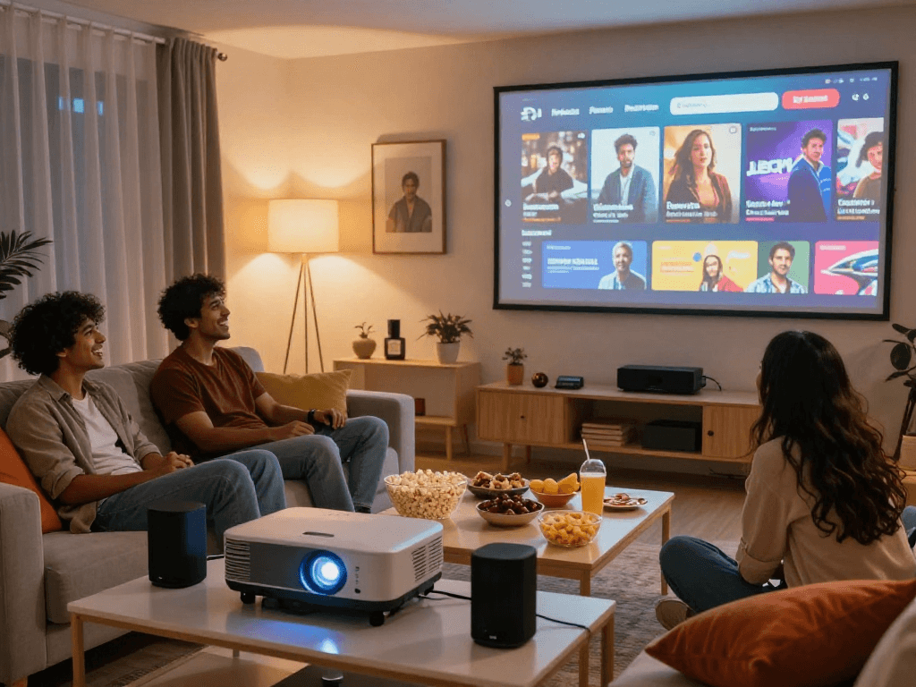 Diverse friends enjoying movie night using Filmyzilla, cozy living room with popcorn, warm ambiance.