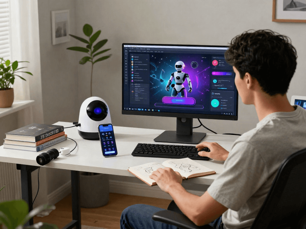 Engaging with a sex bot interface in a modern tech workspace featuring colorful graphics.