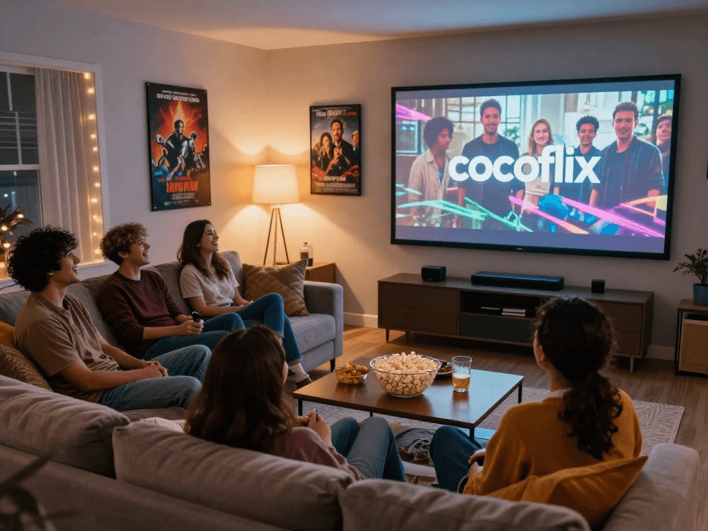 Friends enjoying a movie night with cocoflix logo on screen in cozy home theater.