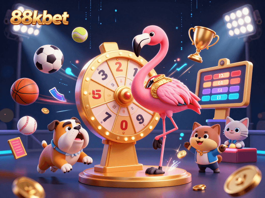 Engage in exciting games with 88kbet as the flamingo host spins a golden prize wheel.