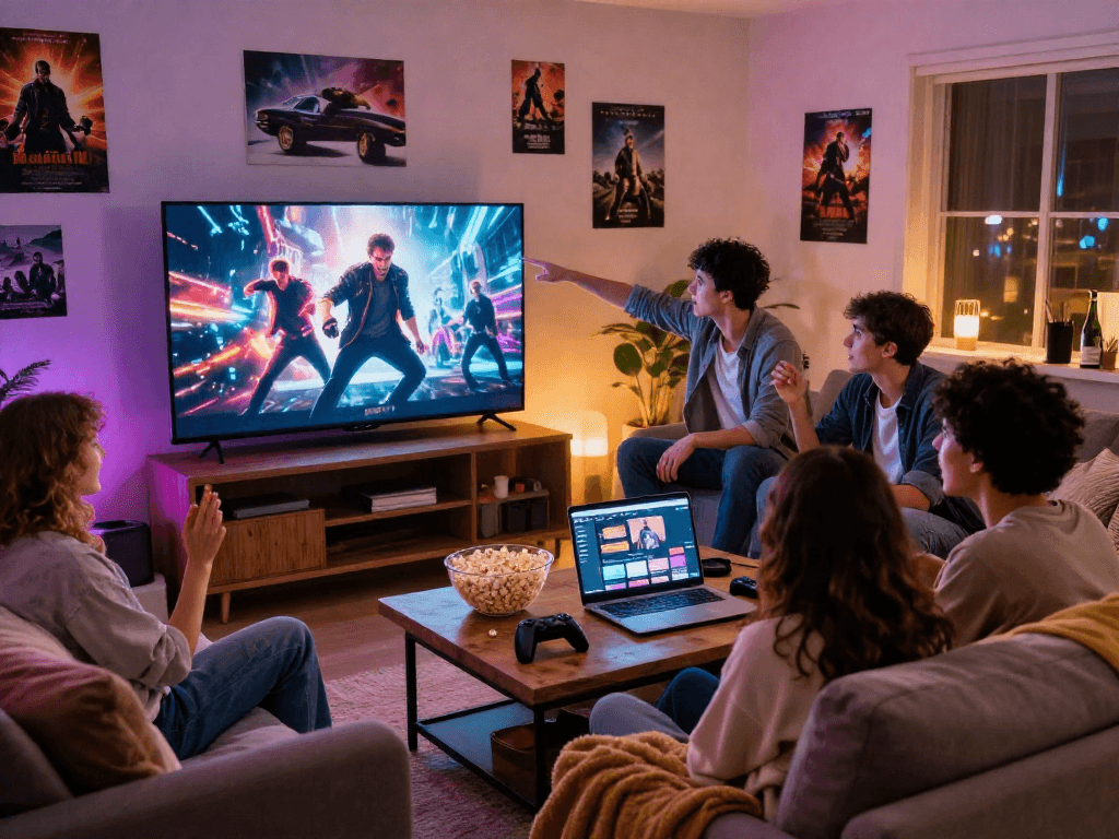 Friends enjoying Moviebox action flick in a cozy home theater setting