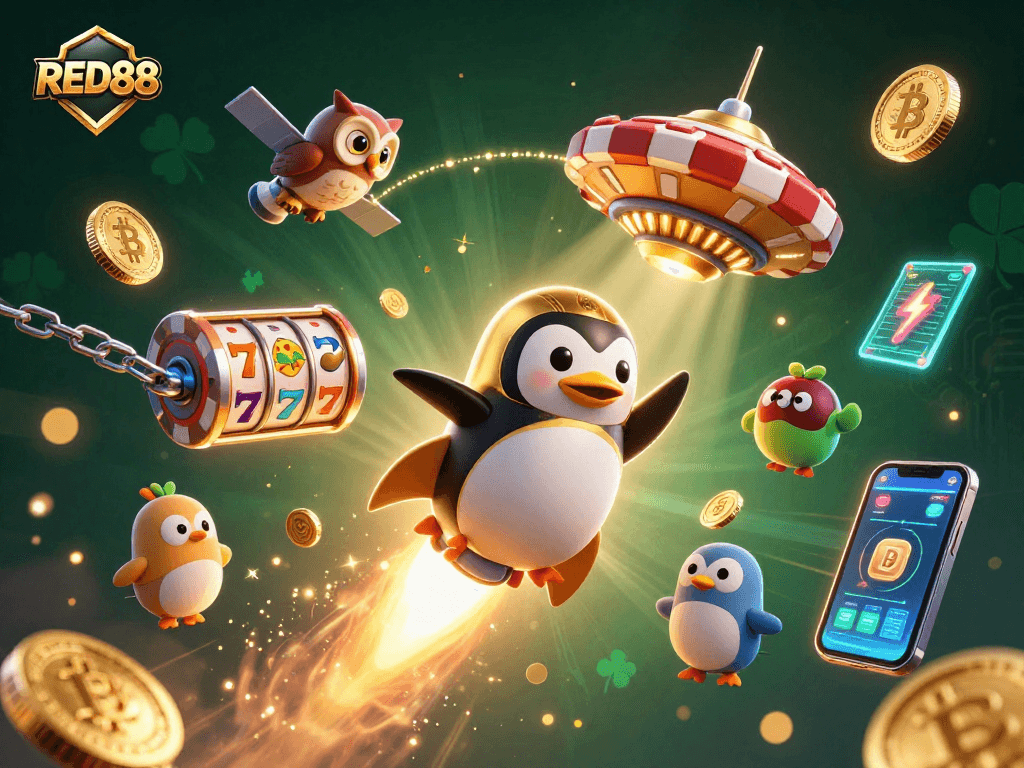 Experience the excitement of RED88's gambling universe with a golden penguin blasting through a casino-themed cosmos.