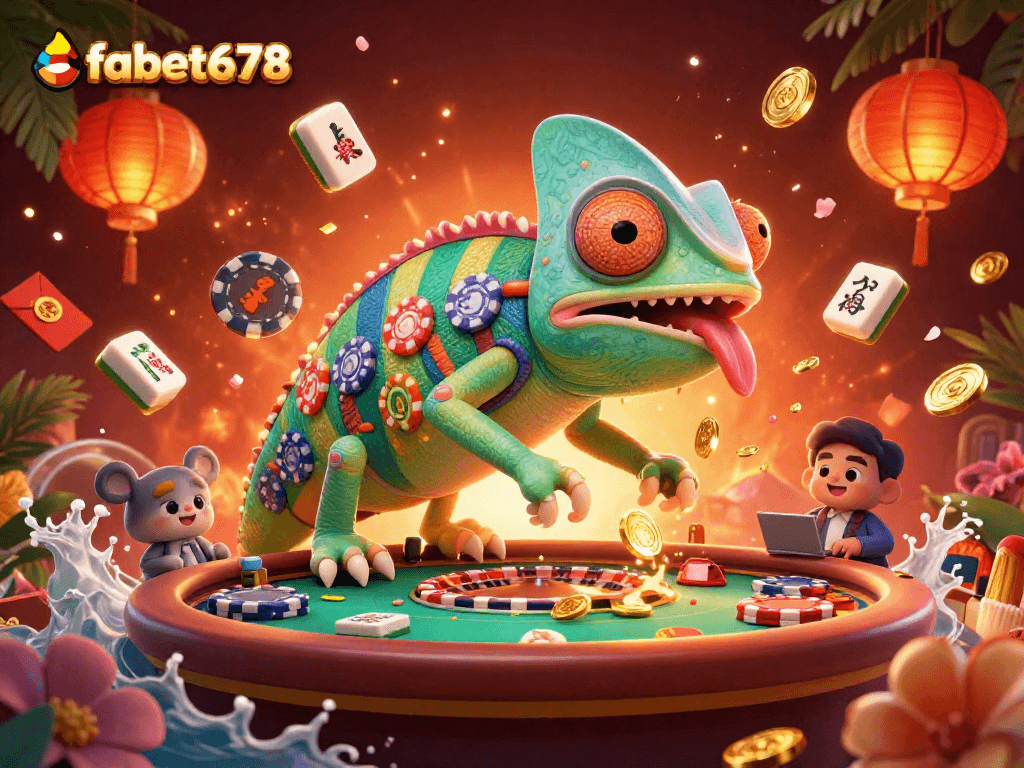 Experience vibrant gaming at fabet678 with a chameleon casino owner surrounded by casino-themed features.