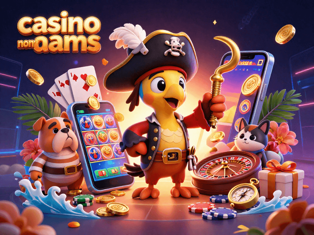 Visualizza un'avventurosa scena con casino non aams, pirata e animali in un'illustrazione brillante.