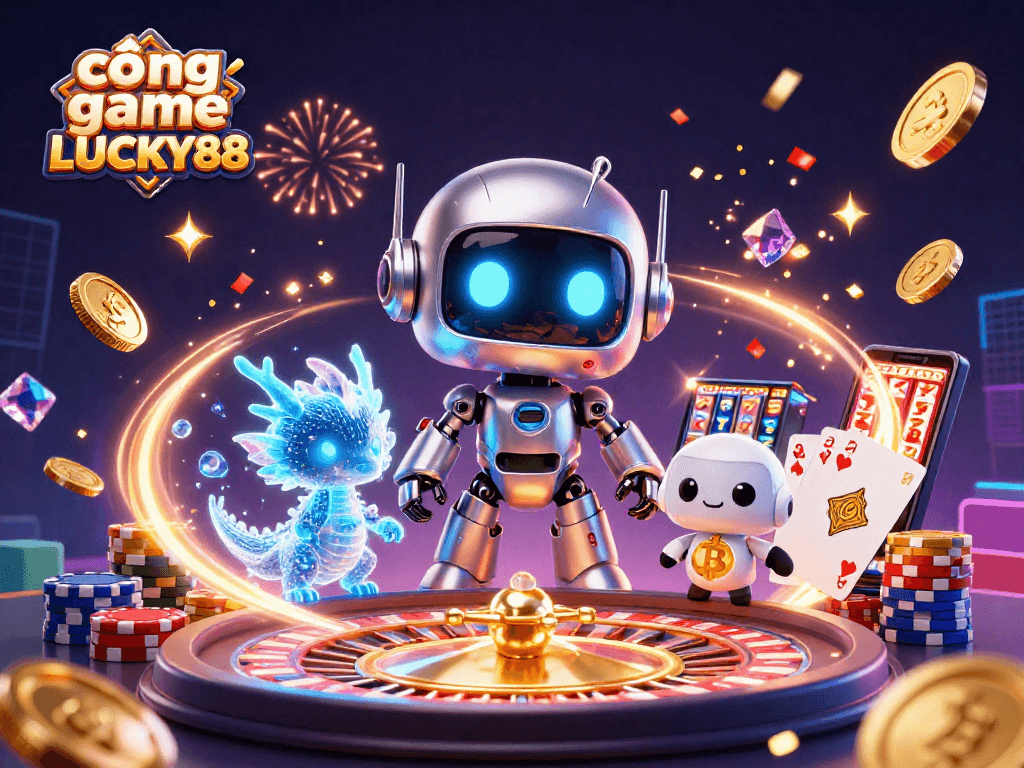 Cascading golden coins and dazzling gems fill the air with fun at cổng game LUCKY88, where a neon-chromed robot mascot celebrates.