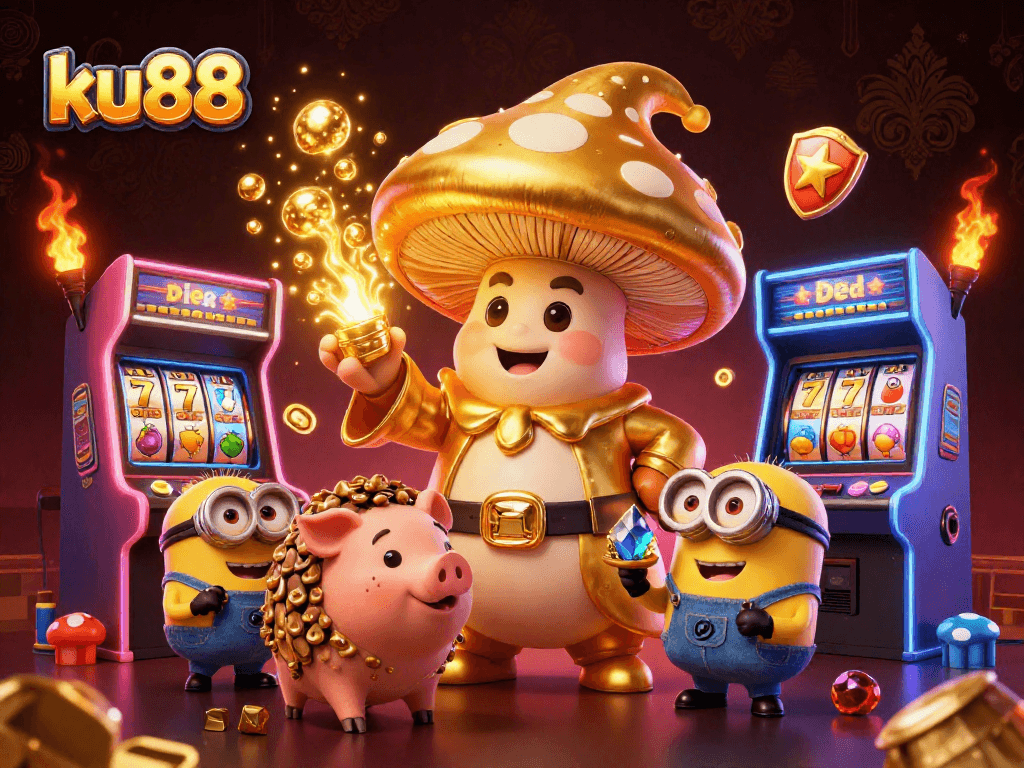 ku88 offers magical treasures in a colorful 3D casino scene with vibrant slots and gaming icons.