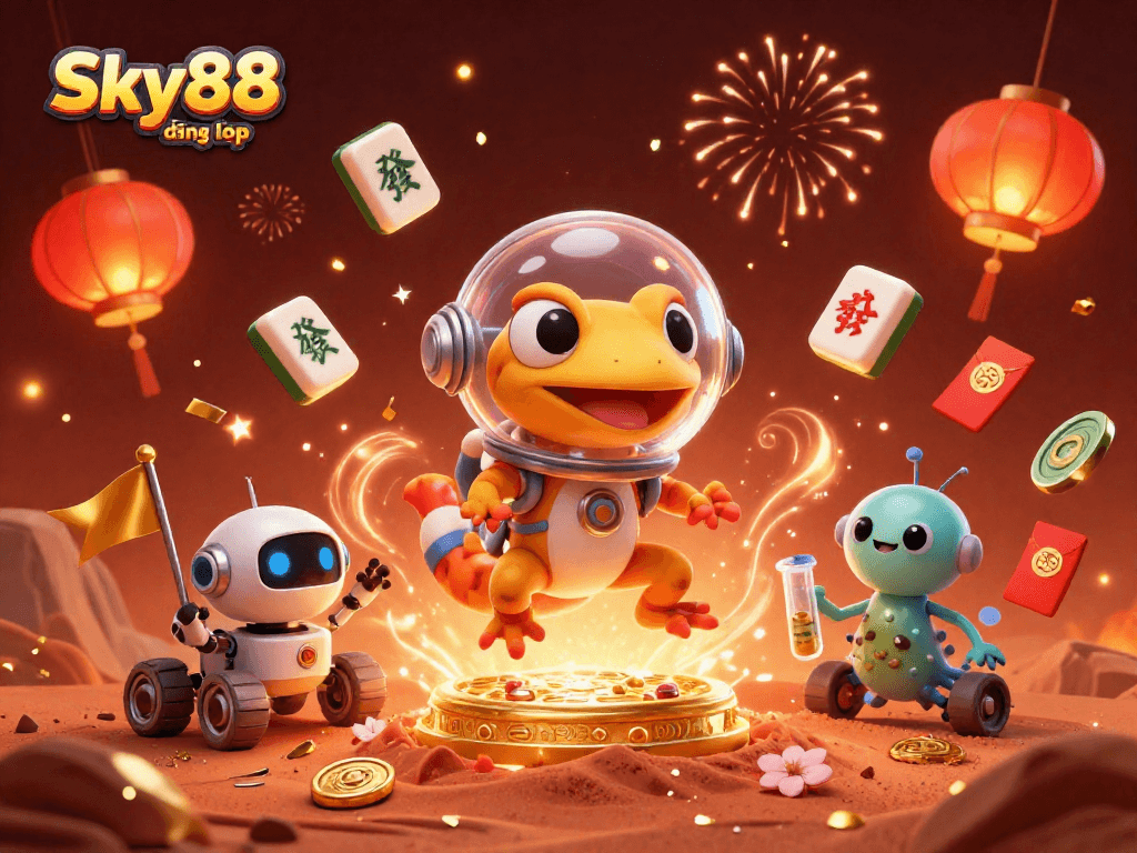 Experience Sky88 đăng nhập with a vibrant casino scene featuring unique Martian characters and festive gaming elements.