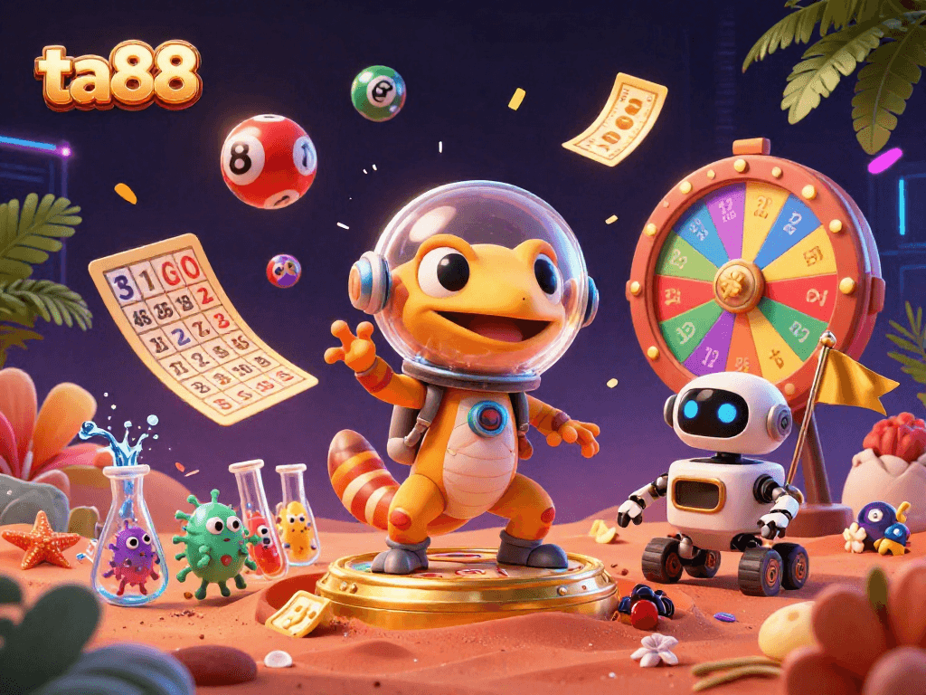 Engage in thrilling gaming adventures at ta88, showcasing Martian gecko discovering a golden casino amidst vibrant lottery themes.