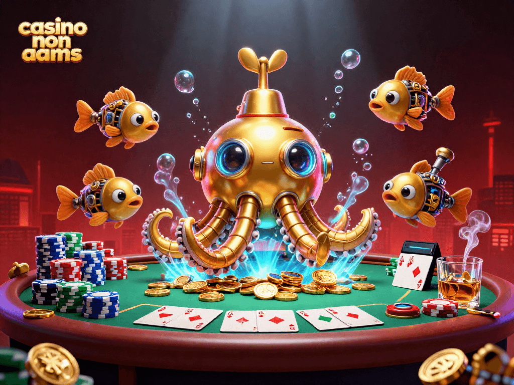 Illustrazione 3D di un sottomarino kraken dorato che emerge da monete, rappresentante il casino non aams in un contesto vivace.