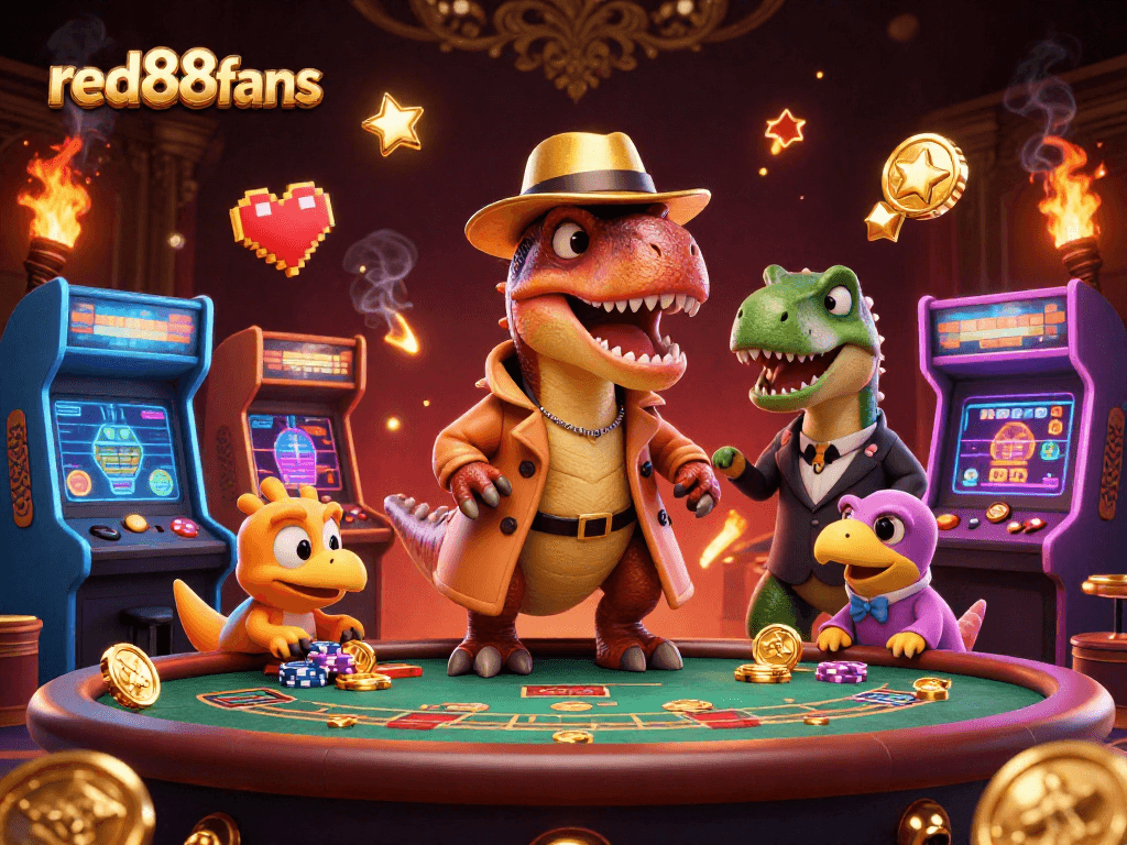Engage with red88fans excitement at a blackjack table, where a velociraptor card counter navigates the thrill of gambling.