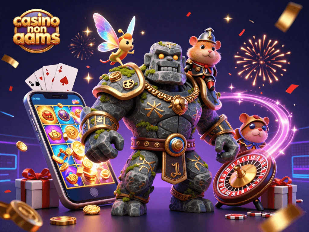 Gioca nei casino non aams con un golem 3D, una fata e un cavaliere criceto circondati da slot e pedine