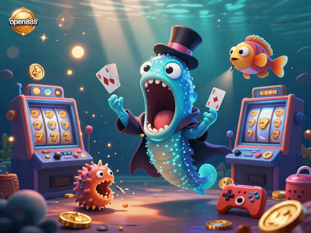 Experience thrilling card tricks with open888's animated deep-sea creatures amidst vibrant slot machines.