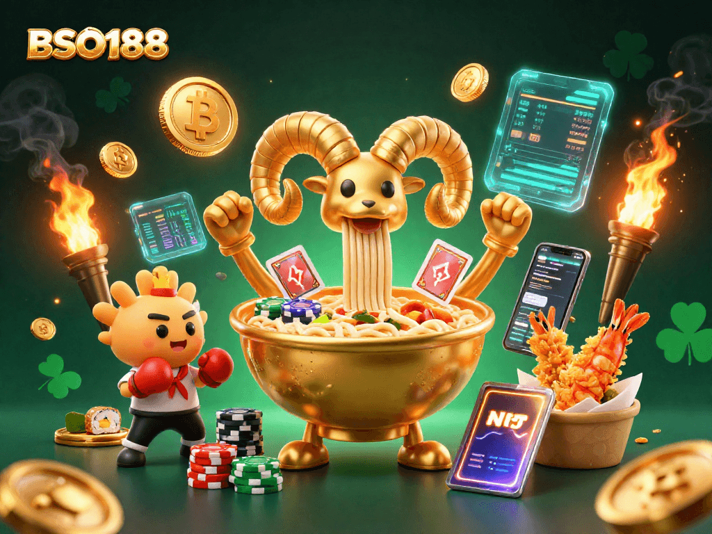 Engage in exciting games at BSO188 with a colorful scene of animated casino characters and crypto elements.
