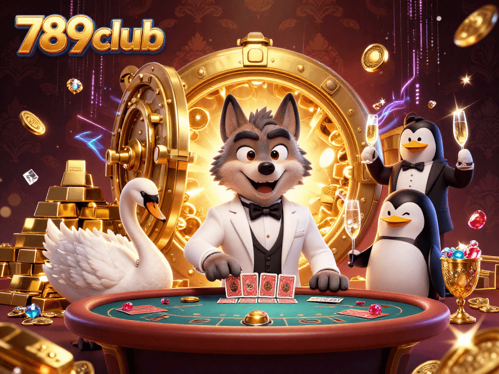 Join the excitement at 789club with an elegant wolf at a baccarat table, gems, and rich casino elements.