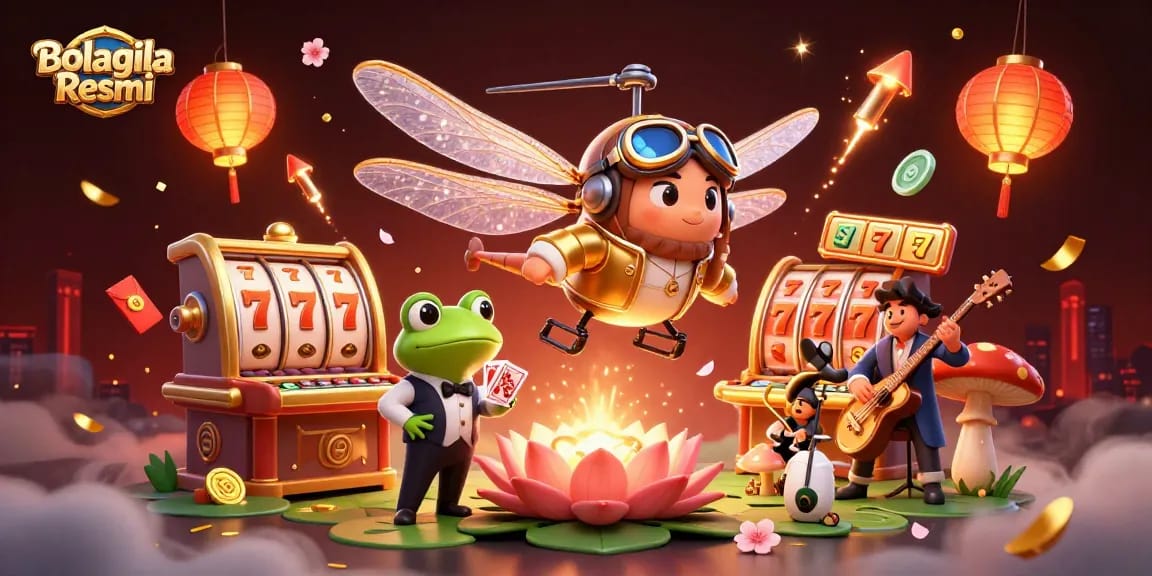 Engaging Bolagila Resmi scene with a dragonfly pilot and frog croupier, showcasing vibrant slot game elements.