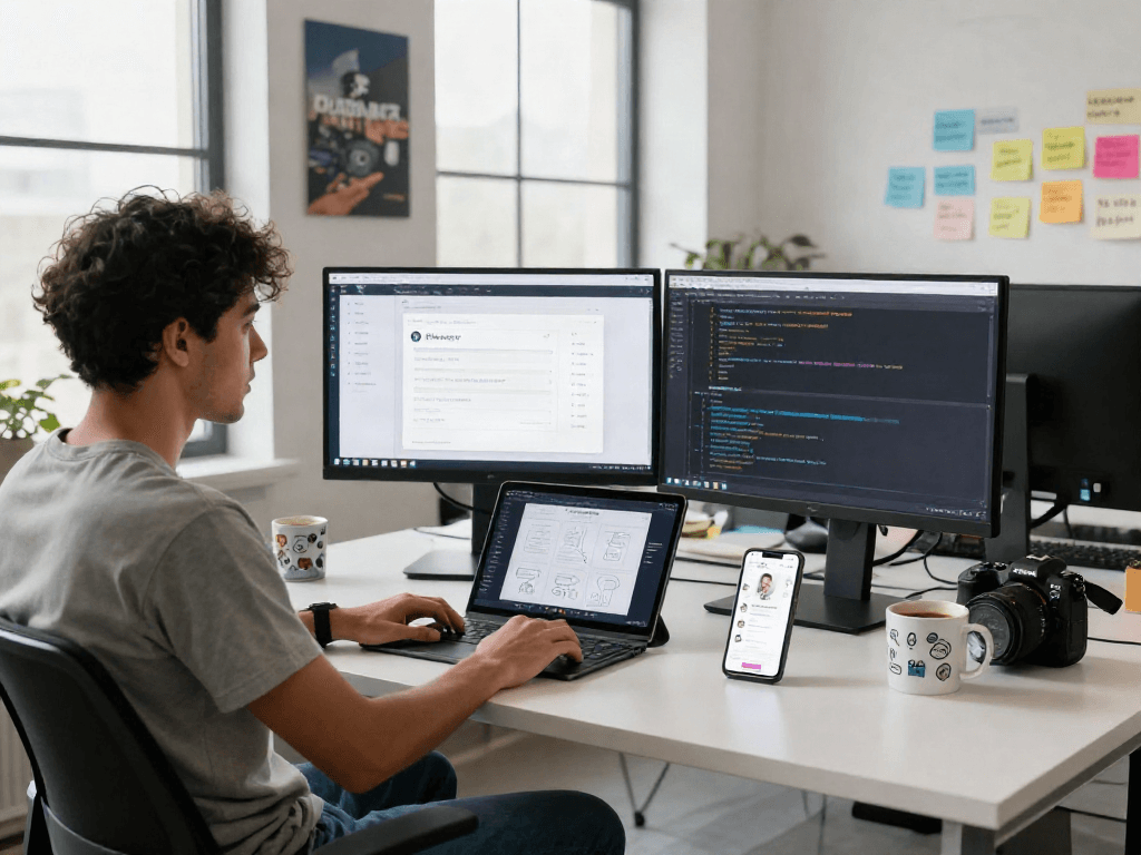Developing the Pikashow APK in a modern office workspace filled with tech gadgets.