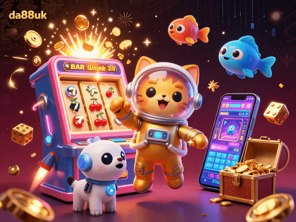 Spin the reels with da88uk as the 3D cartoon astronaut cat and robot dog celebrate a jackpot!
