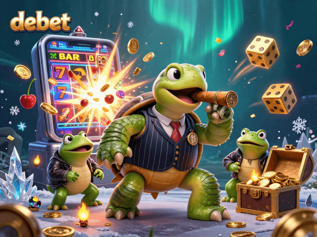 Experience debet in a vibrant casino scene with a snapping turtle and bullfrog enforcers.
