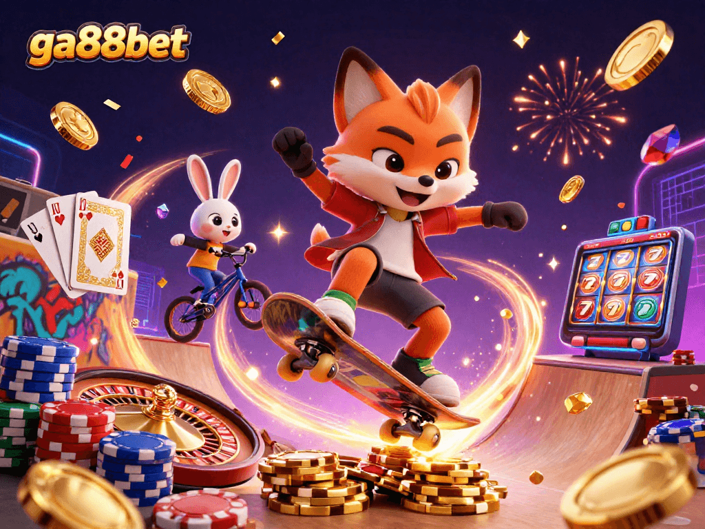 Engage with casino excitement at ga88bet with a vibrant skate-themed illustration showcasing dynamic characters.