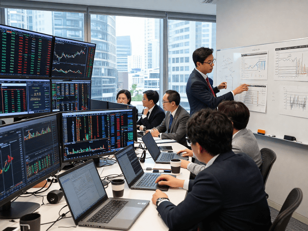 KOSPI index trading activity with analysts reviewing market data and charts.