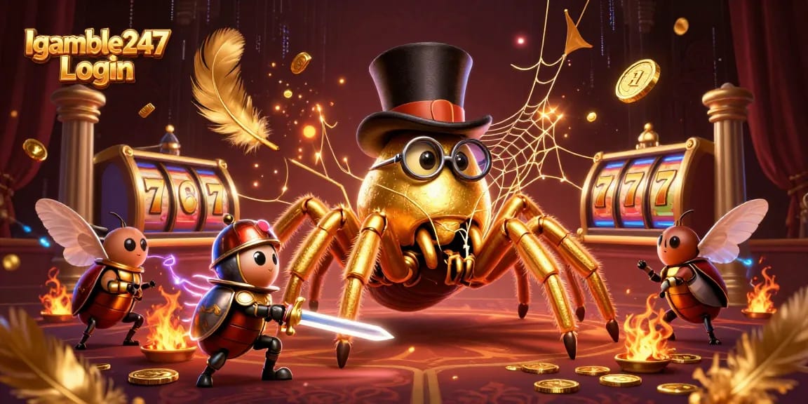 Igamble247 Login features an imaginative scene with a golden tarantula and heroic beetle knight amidst casino elements.