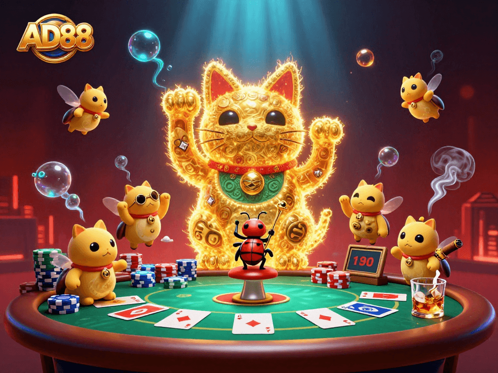 Experience dynamic gaming excitement with AD88, featuring a lively lucky cat and poker elements.