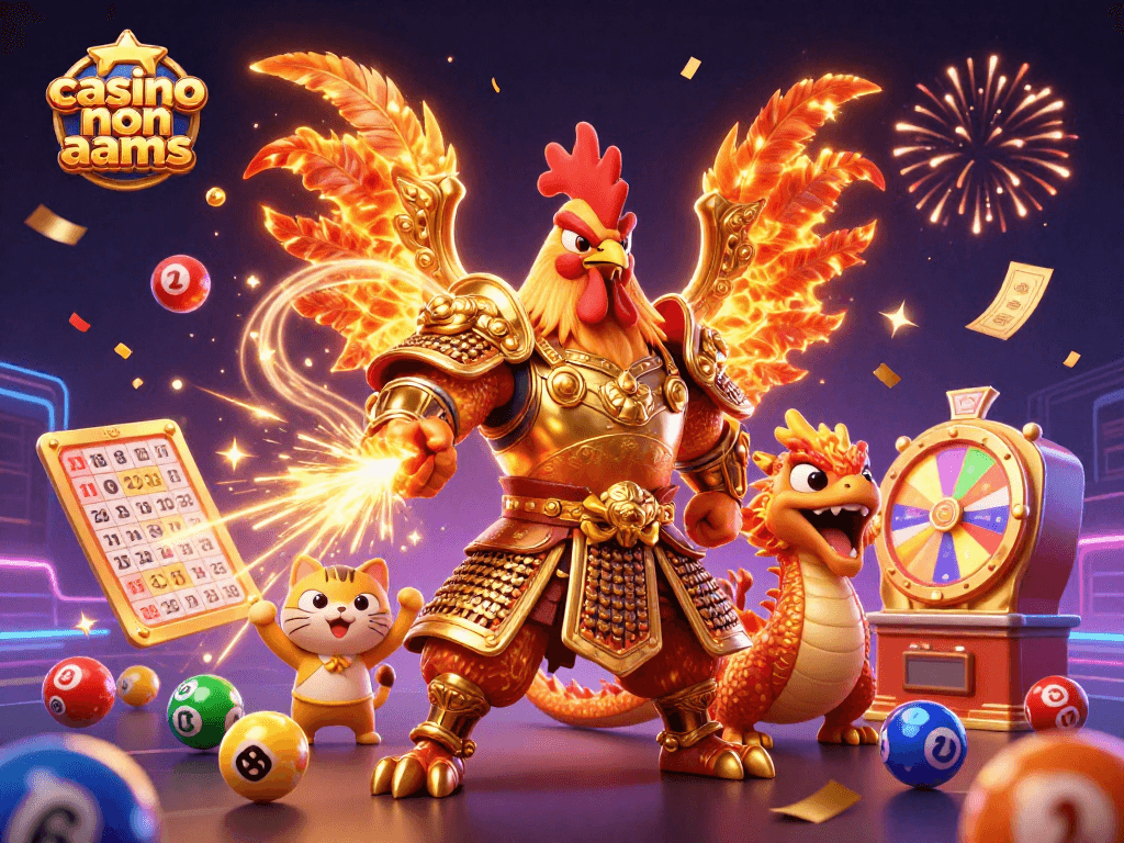 Gioca al casino non AAMS con avatar di gallo guerriero e drago tra elementi festivi.