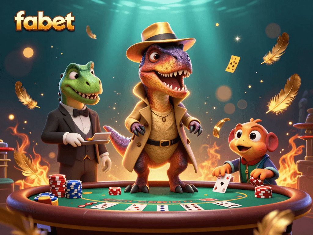 Experience thrilling fabet gaming action with a velociraptor card counter at a blackjack table.