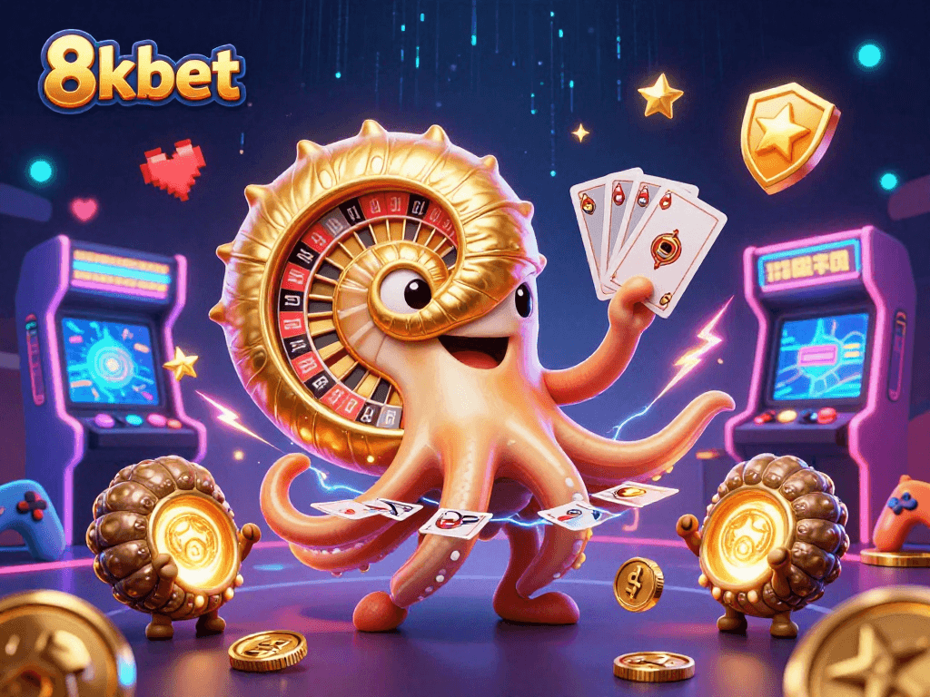 Engage in thrilling gaming with 8kbet featuring a giant nautilus roulette and colorful arcade machines.