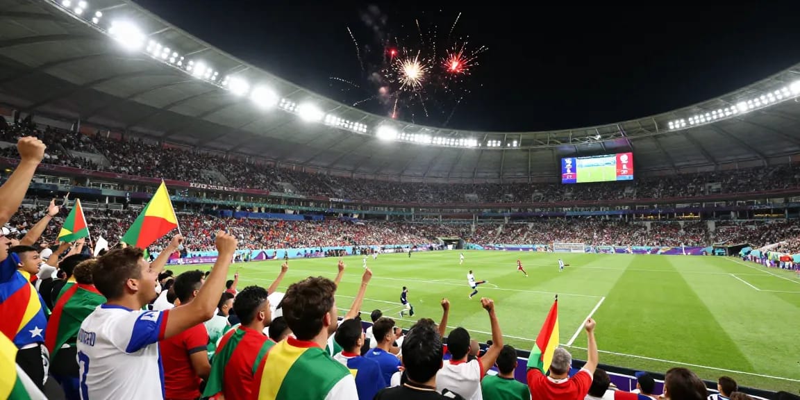 แฟนบอลเชียร์การแข่งขัน เดิมพันบอลโลกรอบชิง ในฟุตบอลโลก 2026 ที่สนามแข่งขันขนาดใหญ่