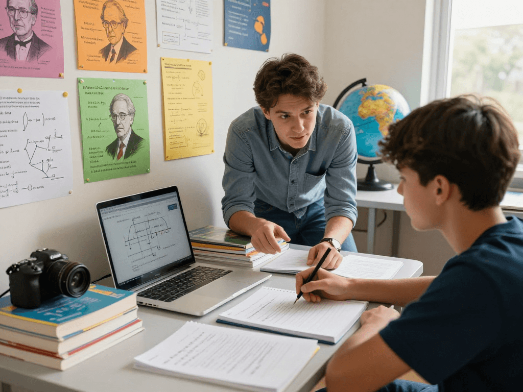 Engaging physics tuition session with a tutor and student in a bright study room.