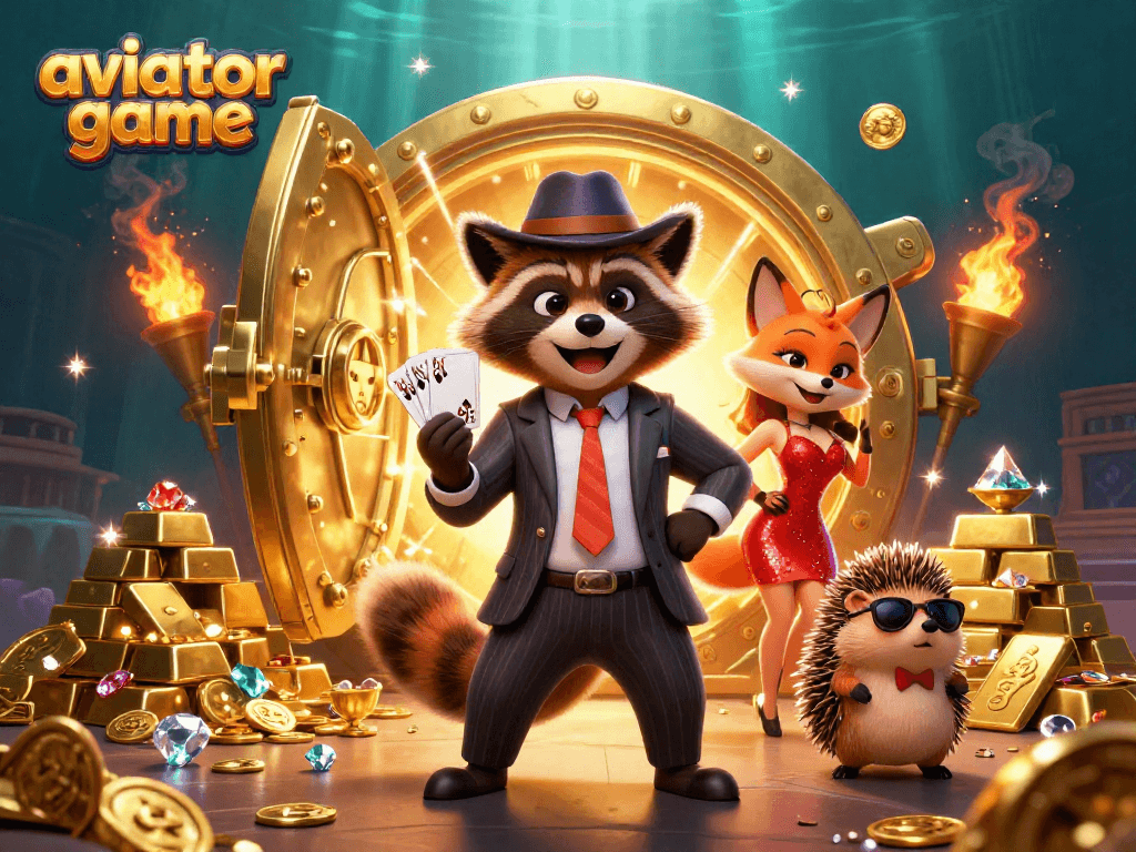 Play the aviator game with a charming raccoon, fox, and bouncer in a golden casino setting.