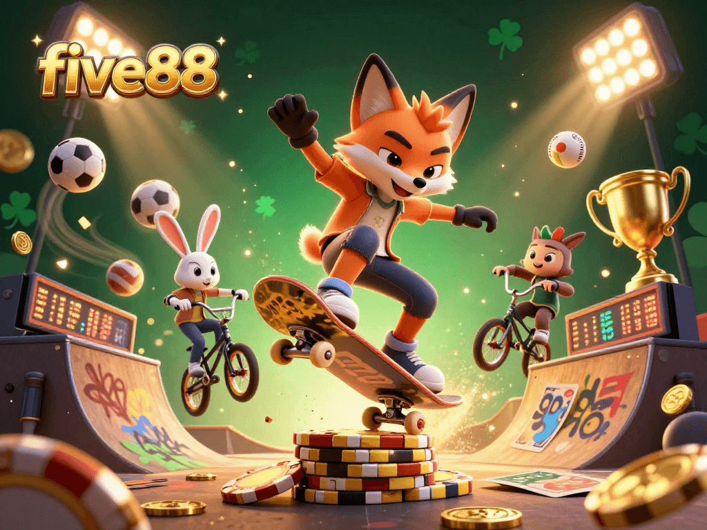 Experience the excitement of five88 with lively characters showcasing thrilling tricks and casino themes.