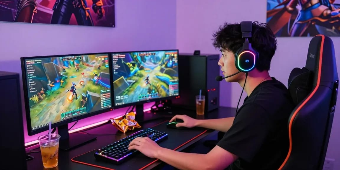 Intense gaming setup with a player immersed in action, showcasing lucky77 gaming graphics and vibrant lighting.