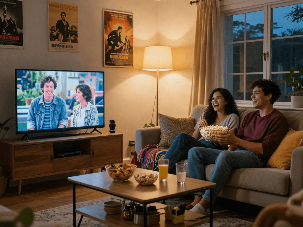 Enjoying filmyzilla movies in a cozy living room with snacks.