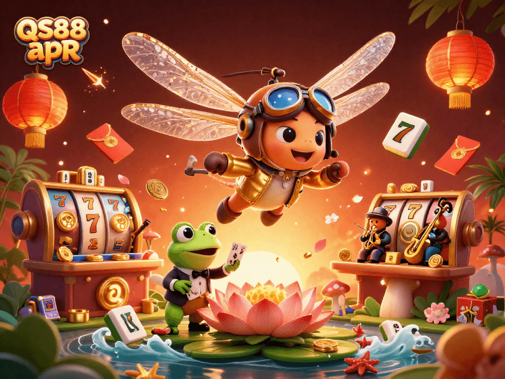 Experience vibrant gaming with QS88 apR at a lily pad casino featuring captivating characters.