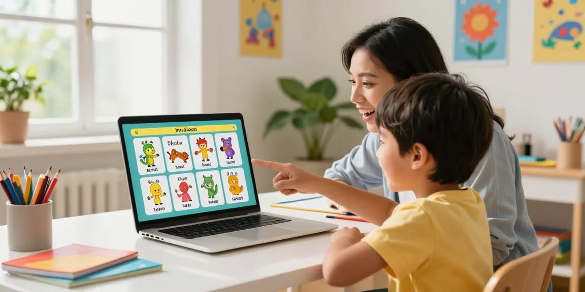 Excited child learning English online for kids with a friendly tutor in a cozy home environment.