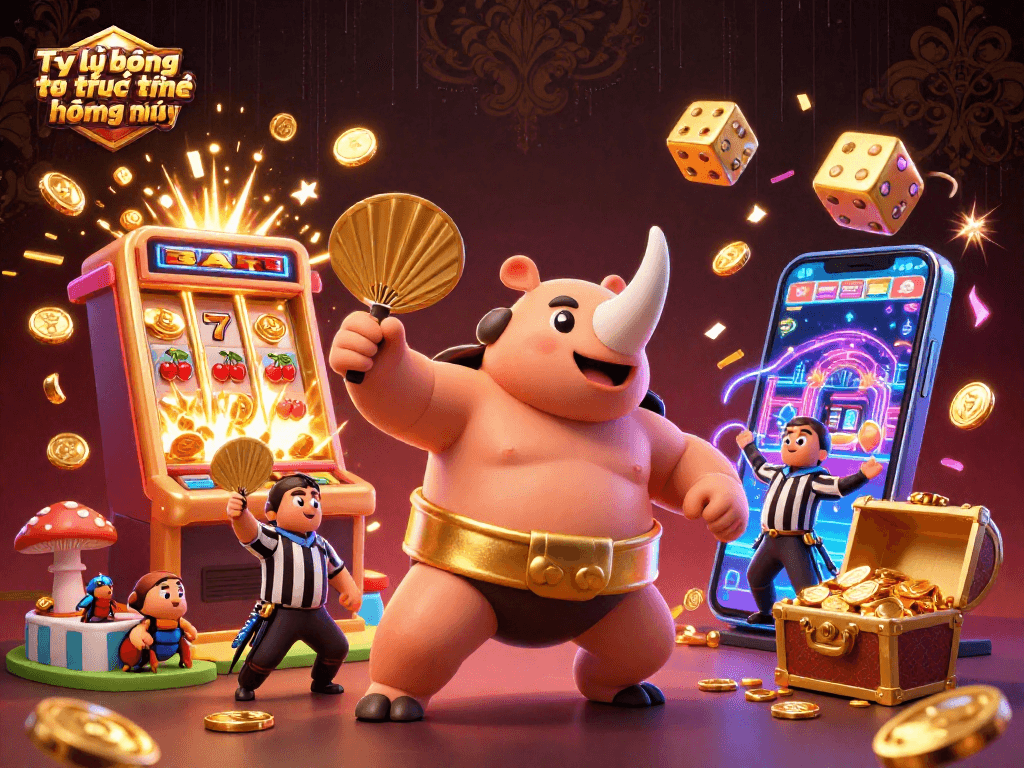 Tỷ lệ bóng đá trực tuyến hôm nay showcases a dynamic 3D casino scene with colorful elements and vibrant characters.