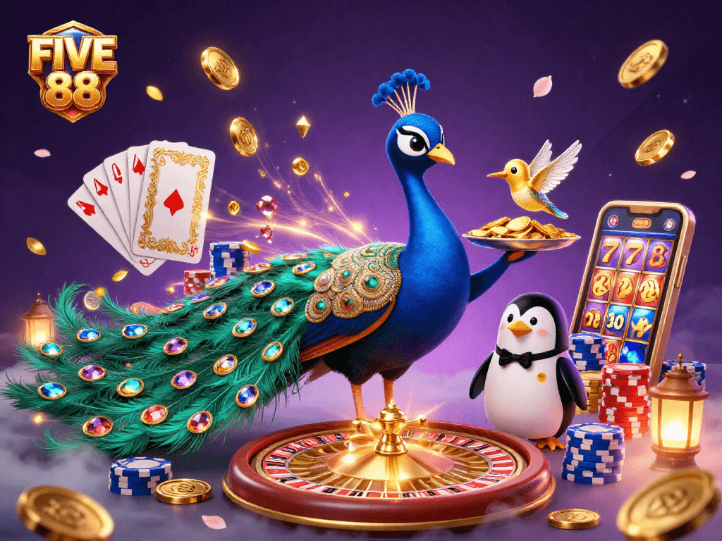 Experience thrilling gameplay at FIVE 88 as golden chips fly and vibrant game elements create an energetic scene.
