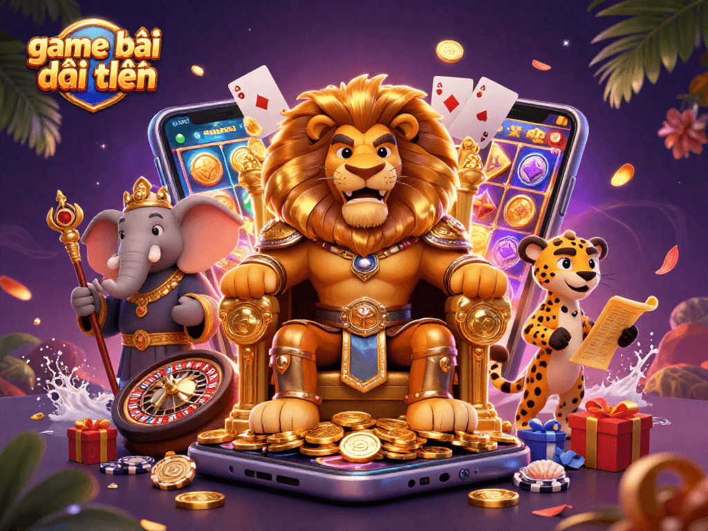Engage in game bài đổi thưởng with a vibrant scene featuring casino royalty and gaming elements.