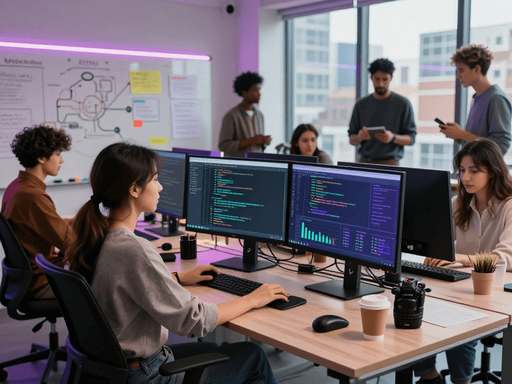 Developers collaborating on Tornado Cash technology in modern workspace with coding on screens and city view