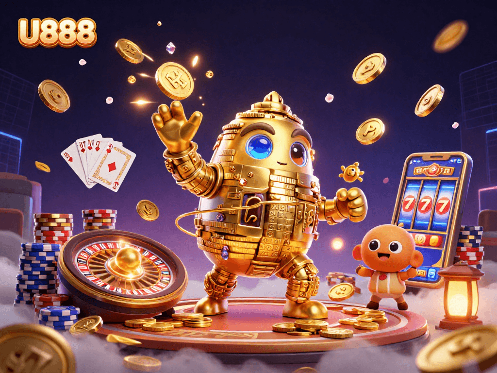 Engage with U888's vibrant casino experience featuring golden golem and dynamic game elements.